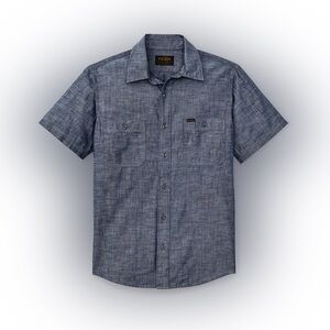 Filson Men's Shirt Short-Sleeve Button-Down Top in Chambray Cotton Blue Collared